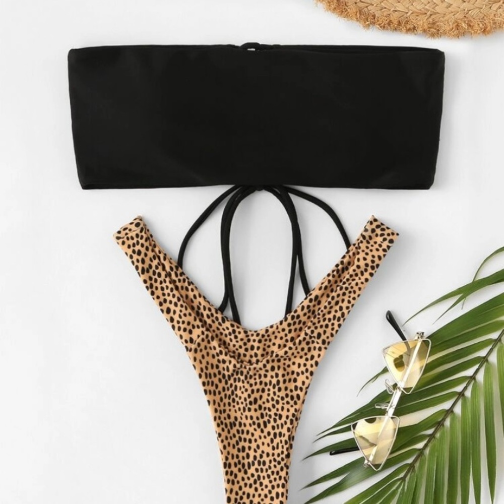 Lace up bandeau and leapord bottom bikini